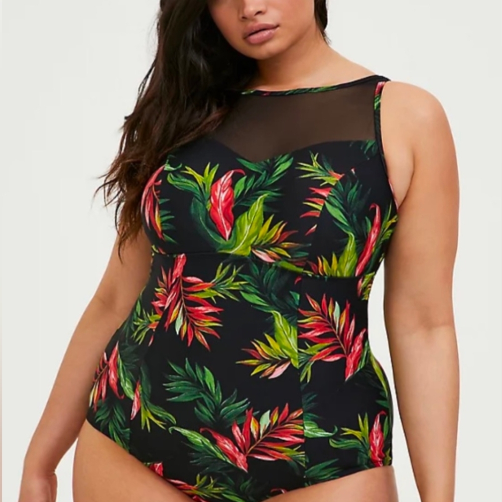 Torrid Tropical One Piece With High-Neck Mesh Cutout